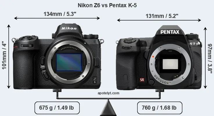 Size Nikon Z6 vs Pentax K-5