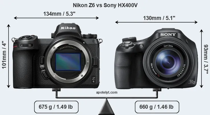 Size Nikon Z6 vs Sony HX400V