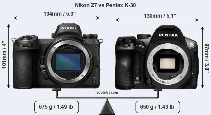 Size Nikon Z7 vs Pentax K-30