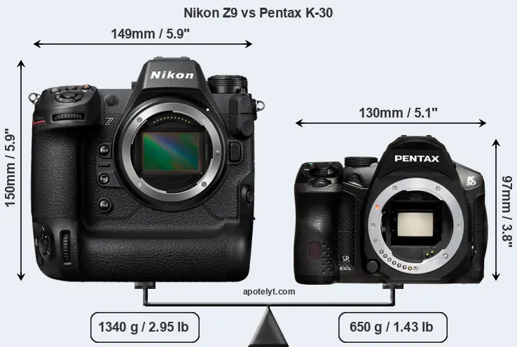Size Nikon Z9 vs Pentax K-30