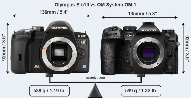 Size Olympus E-510 vs OM System OM-1