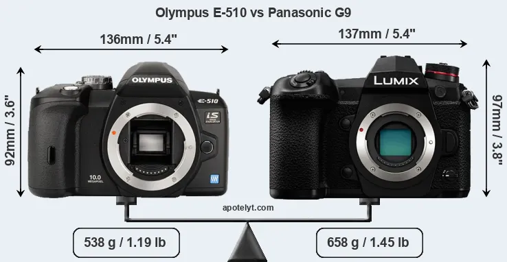 Size Olympus E-510 vs Panasonic G9
