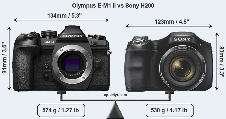 Size Olympus E-M1 II vs Sony H200