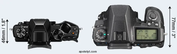 Compare E-M10 versus K-3 top