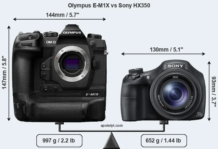 Size Olympus E-M1X vs Sony HX350