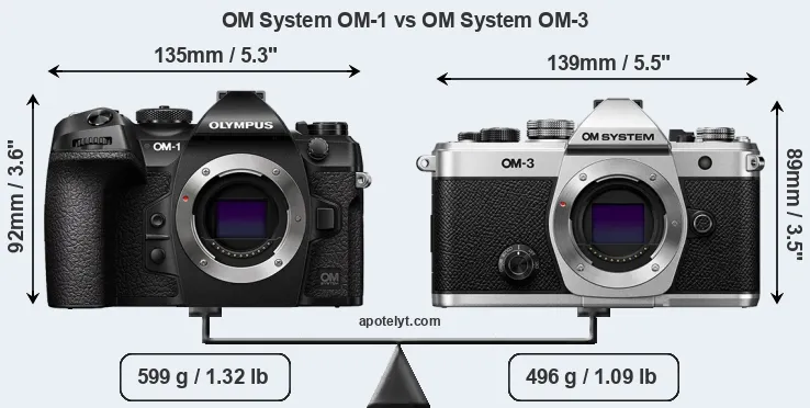 Size OM System OM-1 vs OM System OM-3