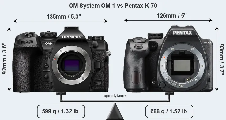 Size OM System OM-1 vs Pentax K-70