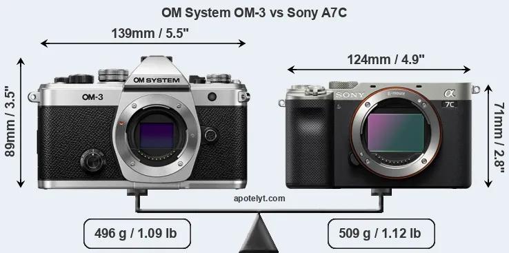 Size OM System OM-3 vs Sony A7C