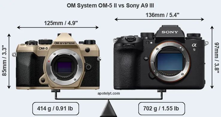 Size OM System OM-5 II vs Sony A9 III