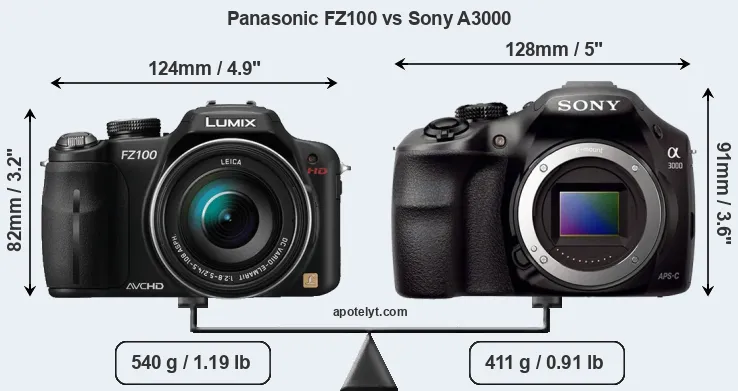 Size Panasonic FZ100 vs Sony A3000