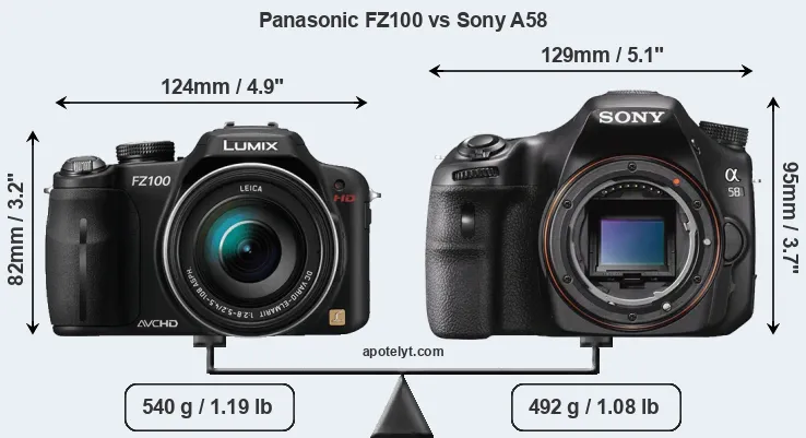 Size Panasonic FZ100 vs Sony A58