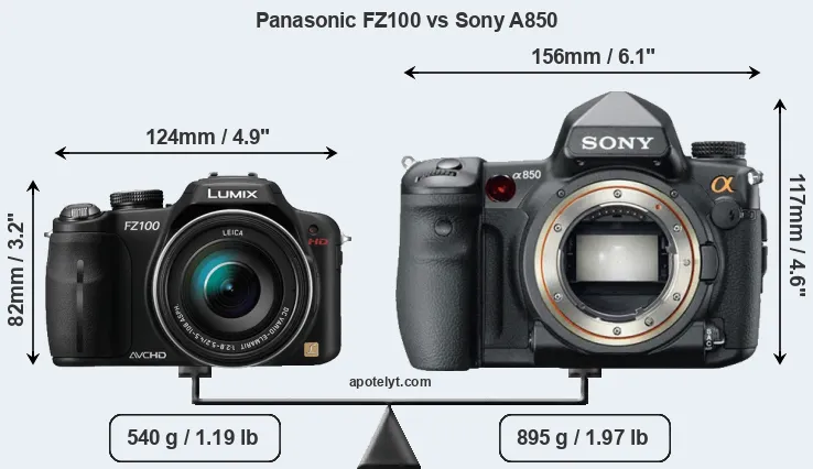 Size Panasonic FZ100 vs Sony A850