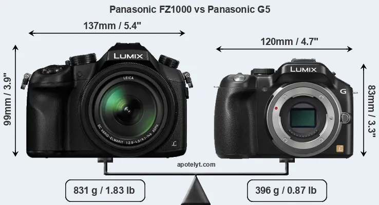 Size Panasonic FZ1000 vs Panasonic G5