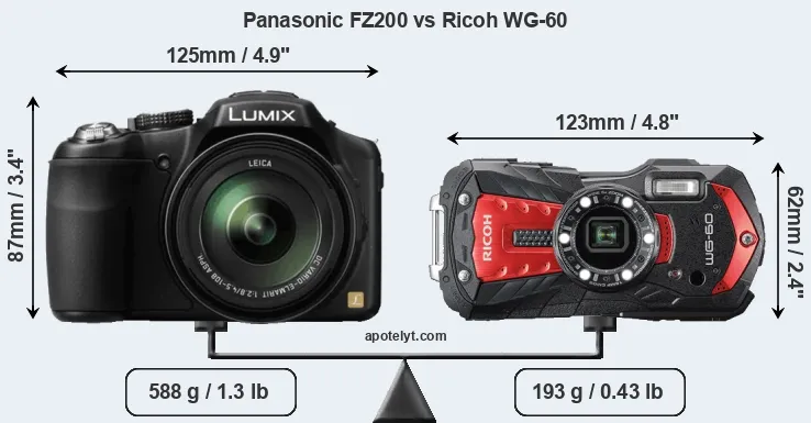 Size Panasonic FZ200 vs Ricoh WG-60