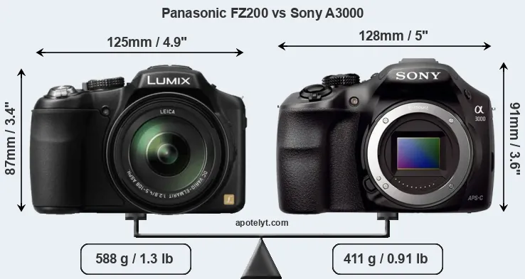 Size Panasonic FZ200 vs Sony A3000