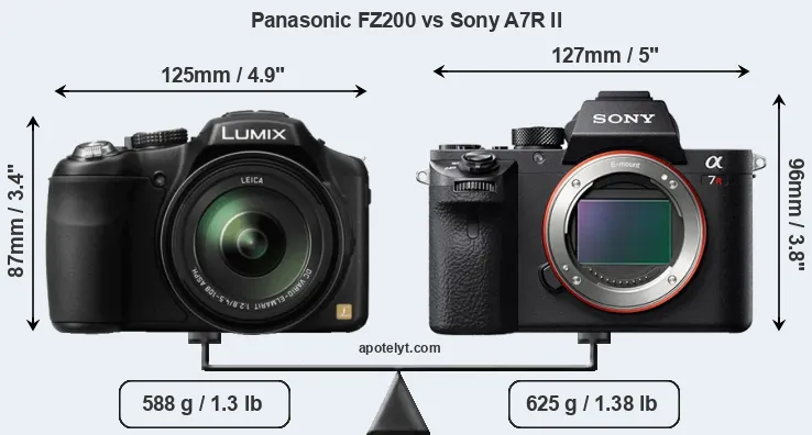 Size Panasonic FZ200 vs Sony A7R II