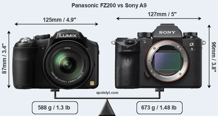 Size Panasonic FZ200 vs Sony A9