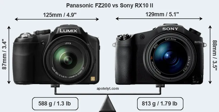 Size Panasonic FZ200 vs Sony RX10 II