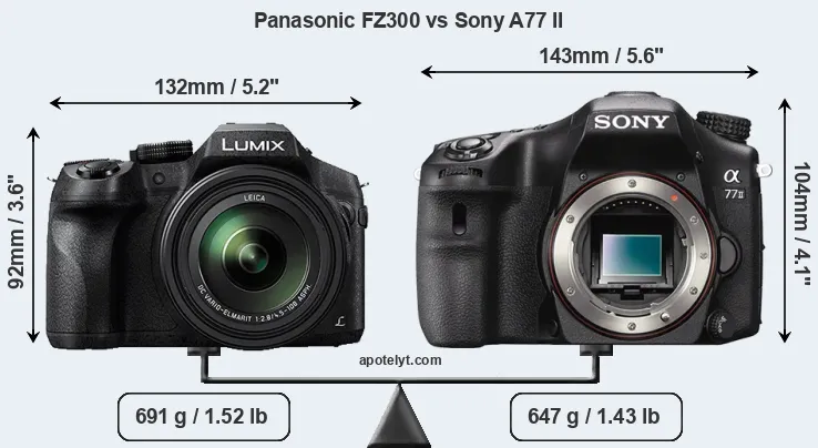 Size Panasonic FZ300 vs Sony A77 II