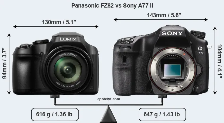 Size Panasonic FZ82 vs Sony A77 II