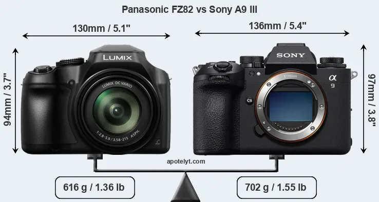 Size Panasonic FZ82 vs Sony A9 III