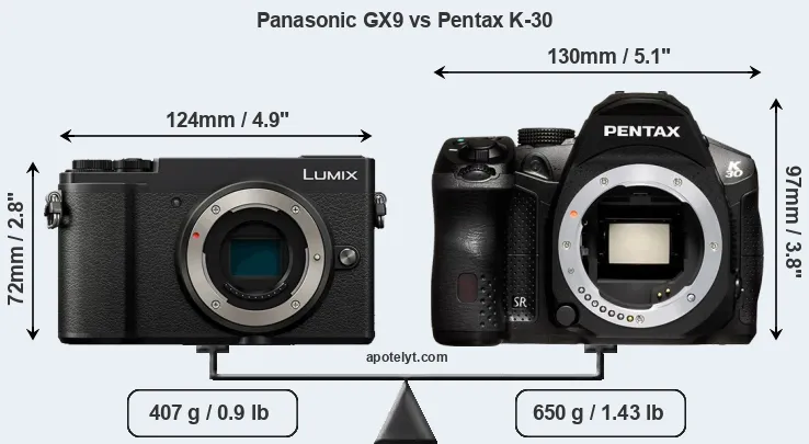 Size Panasonic GX9 vs Pentax K-30