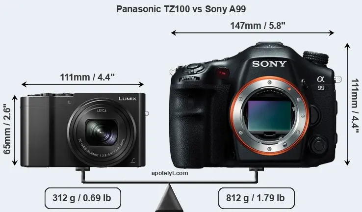 Size Panasonic TZ100 vs Sony A99