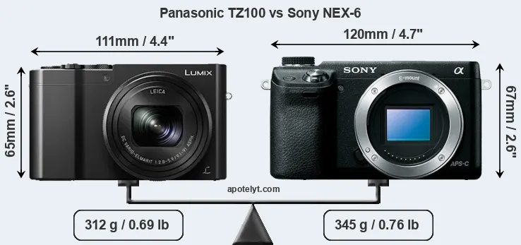 Size Panasonic TZ100 vs Sony NEX-6