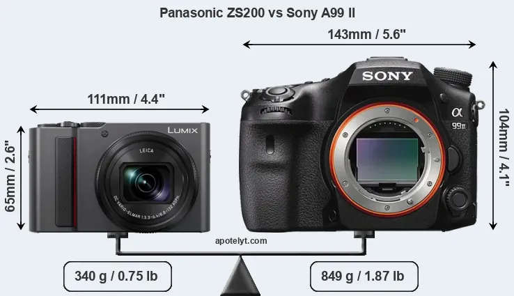 Size Panasonic ZS200 vs Sony A99 II