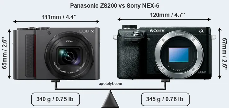 Size Panasonic ZS200 vs Sony NEX-6