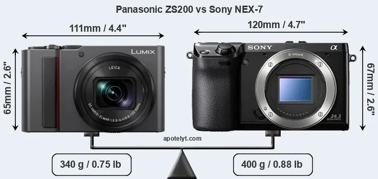 Size Panasonic ZS200 vs Sony NEX-7