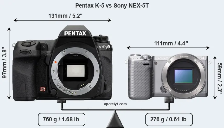 Size Pentax K-5 vs Sony NEX-5T