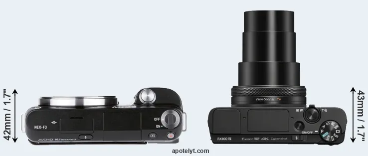 Compare NEX-F3 versus RX100 VII top